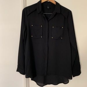 Black Long-Sleeve Blouse with Gold Details